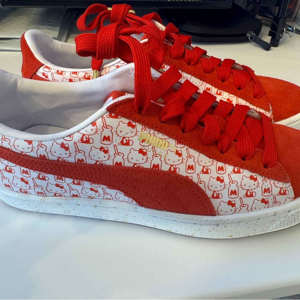 Limited Edition Women’s Pumas Red Suede and White Hello Kitty Sneakers -Size 8